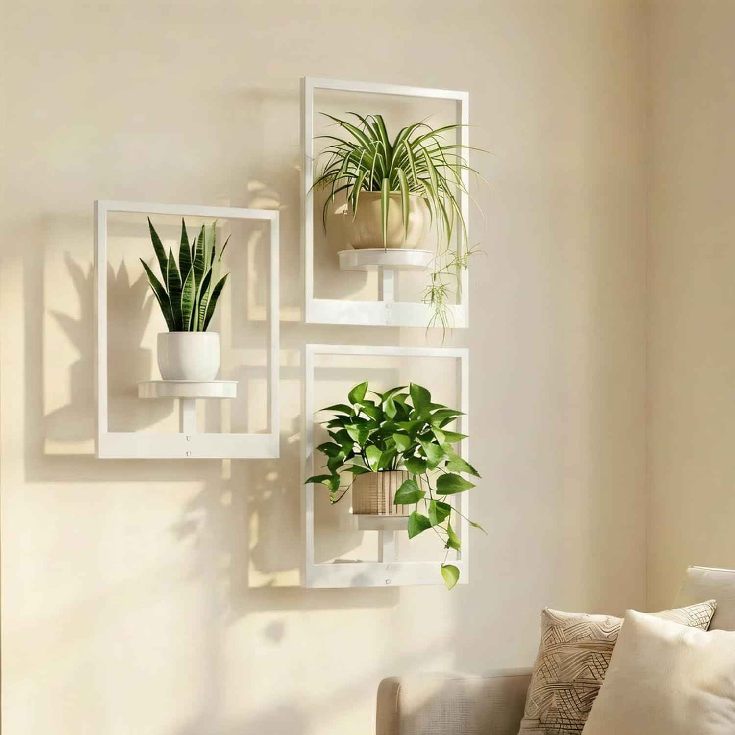 Picture Frame Wall Planters Set of 3, Modern Metal Hanging Shelves for Plants, Rustproof Wall Mount Flower Pot Holder for Indoor Outdoor, Decorative Plant Stand for Living Room Patio, White