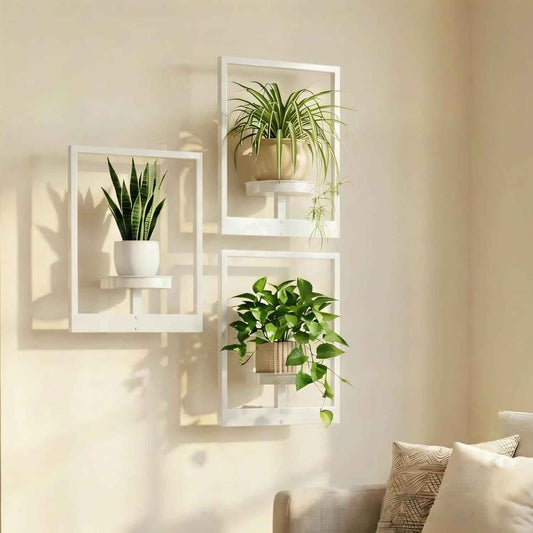 Picture Frame Wall Planters Set of 3, Modern Metal Hanging Shelves for Plants, Rustproof Wall Mount Flower Pot Holder for Indoor Outdoor, Decorative Plant Stand for Living Room Patio, White