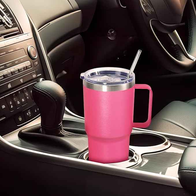 20 oz Tumbler with Handle, insulated cup coffee mug with lid, straw and handle, Double Wall Stainless Steel Vacuum Coffee Tumbler travel mug spill proof, 1pcs Rose Red