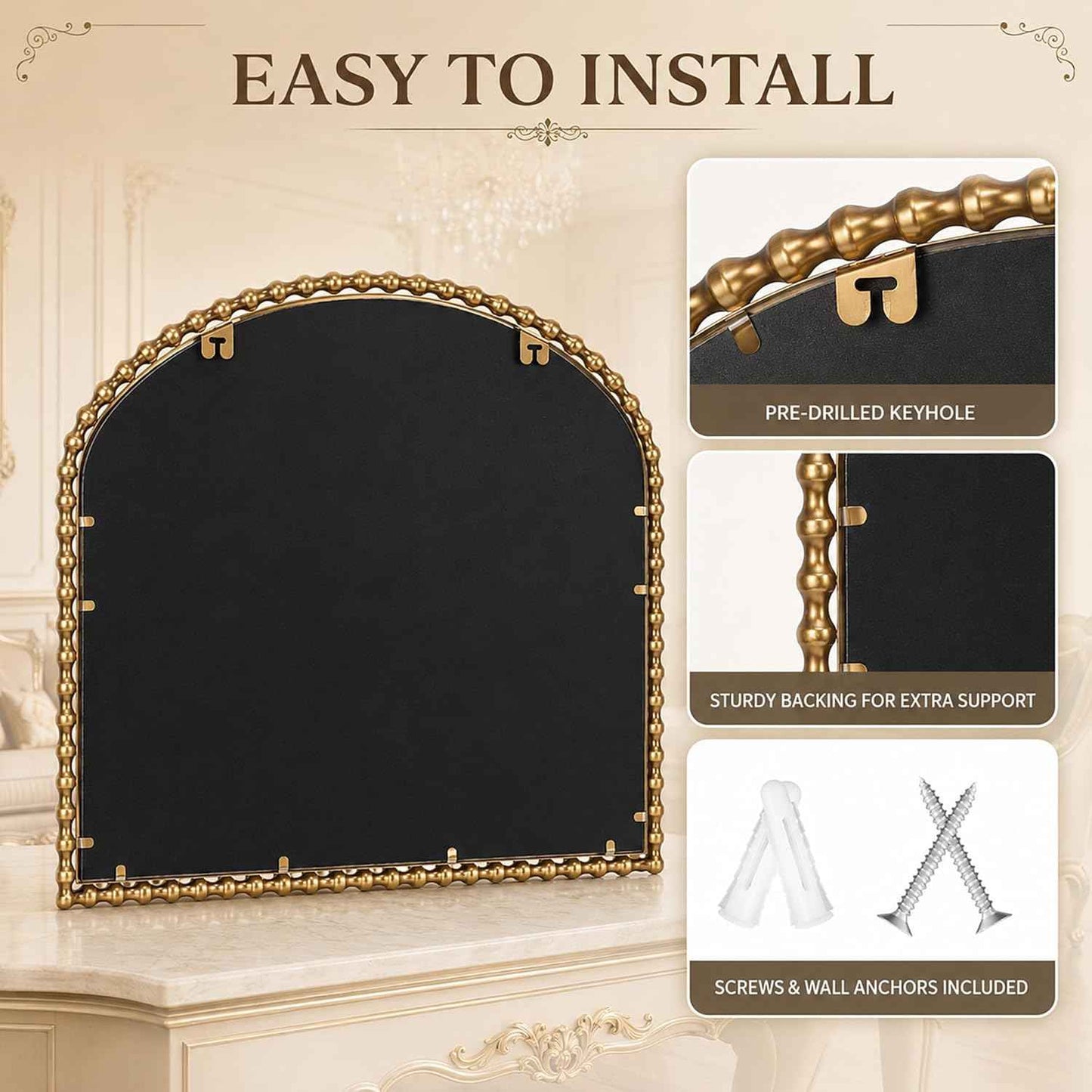 36x28 Inch Wide Arched Wall Mirror with Bold Antique Gold Beaded Frame, Decorative Mantel Mirror for Fireplace or Entryway, Horizontal Hanging Statement Mirror for Living Room Wall Decor