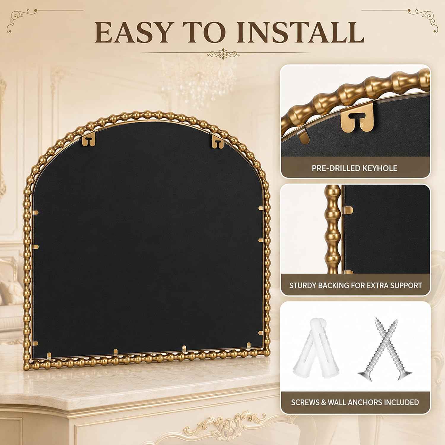 36x28 Inch Wide Arched Wall Mirror with Bold Antique Gold Beaded Frame, Decorative Mantel Mirror for Fireplace or Entryway, Horizontal Hanging Statement Mirror for Living Room Wall Decor