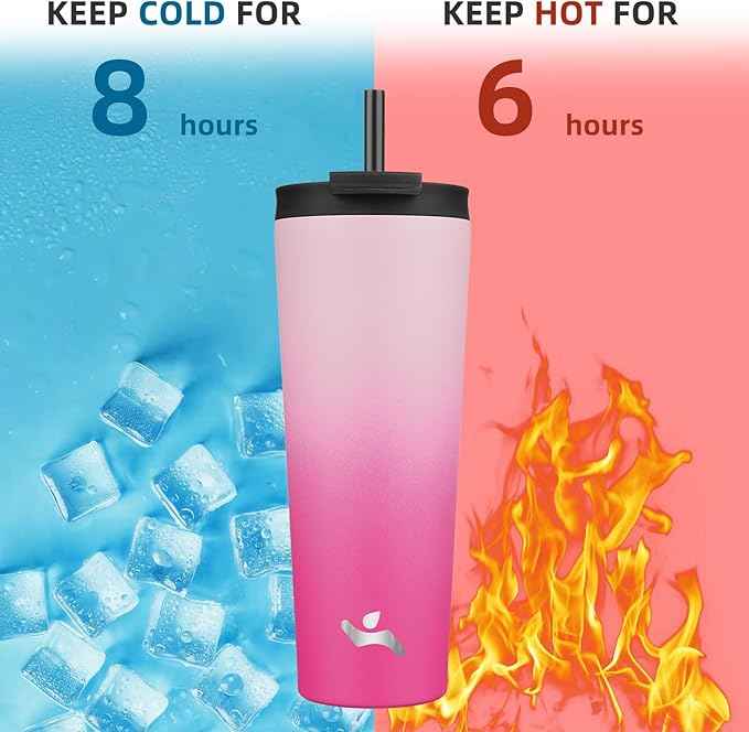 Konokyo 26 OZ Insulated Tumbler with Lid and 2 Straws Stainless Steel Water Bottle Vacuum Travel Mug Coffee Cup,Cherry