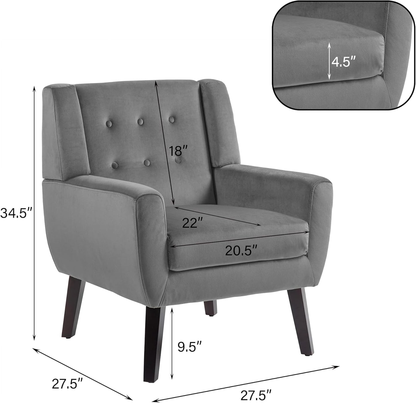 UIXE Accent Chair, Velvet Upholstered Armchair for Living Room, Modern Club Arm Chairs Comfy Single Sofa Button Tufted Bedroom Reading Seat - Gray, Set of 1