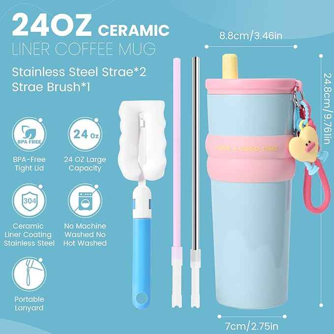24 oz Stainless Steel Tumbler with Straw, Water Bottle Leak Proof for Hot and Cold, Insulated Coffee Travel Mug, Ceramic Lined Tumbler, Reusable Thermal Coffee Cup Gift for Women (Blue)