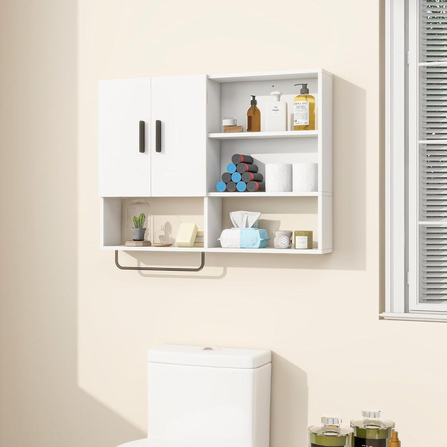Medicine Cabinet, Wooden Bathroom Wall Cabinet with 2 Doors, Adjustable Shelves & Towel Bar, Over Toilet Storage Cabinet Wall Mounted for Kitchen & Laundry, White