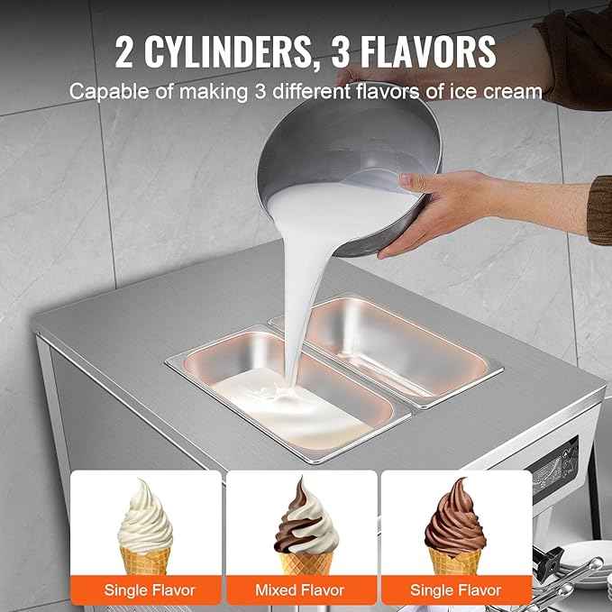 Happybuy Commercial Ice Cream Machine, 1850W, 18-28 L/H Yield, 3-Flavor Countertop Soft Serve Maker, 2 x 5.5L Stainless Steel Cylinder, LED Panel, Auto Clean & Pre-cooling, for Restaurant Bars