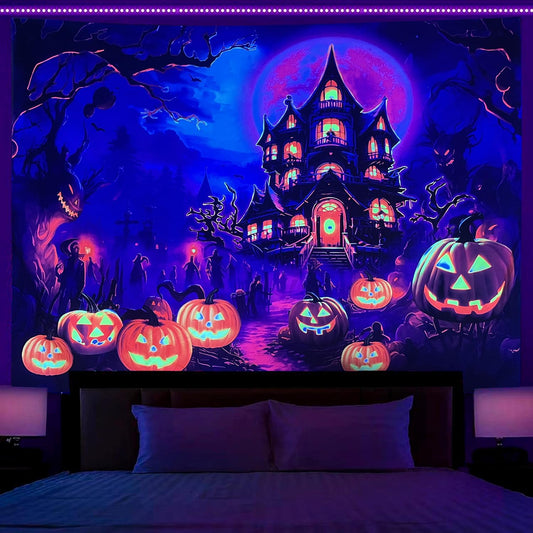 OSVINO Blacklight Halloween Castle Tapestry 90"x70" Pumpkins Ghosts Background Bedroom Aesthetic Hippie Room Decor Glow in The Dark Wall Poster for Halloween Easter