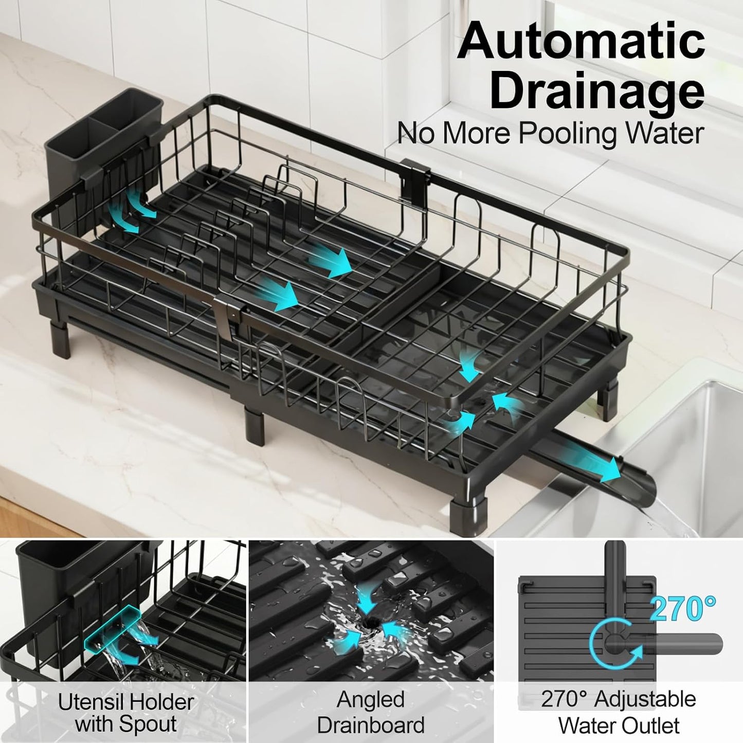 GSlife Expandable Dish Drying Rack for Kitchen Counter, 12-20.5 Inch Compact Dish Rack with Drainboard, Swivel Spout, Cup & Utensil Holder, Rust-Resistant Dish Drainer for Small Kitchen, RV, Black