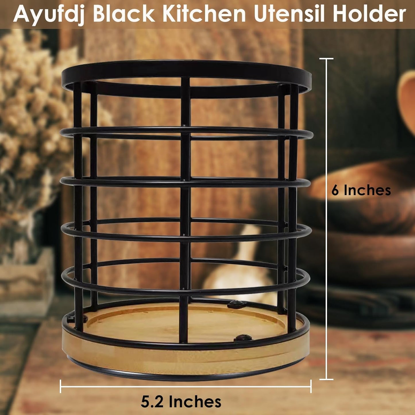 Black Kitchen Utensil Holder for Countertop, 360° Rotating Cooking Utensils Holder Caddy for Kitchen Counter-top, 5.2" x 6" Large Cylinder Spatula Holder Crock for Farmhouse Décor