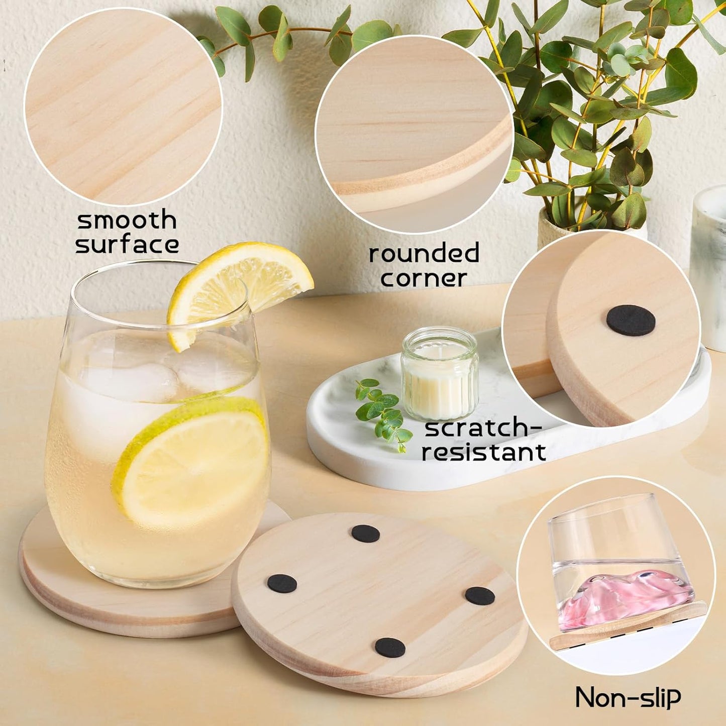 48 Pieces Unfinished Wood Coasters, GOH DODD 4 Inch Wooden Blanks with Non-Slip Pads for Laser Engraving Wood Burning Staining Painting Decoupage Housewarming Gifts Wedding Crafts Education, Round