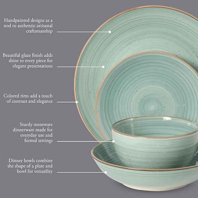 Gibson Home Stonebury 16 Piece Plates and Bowls Teal Dishes - Handpainted Stoneware Dinnerware Set - Service for 4