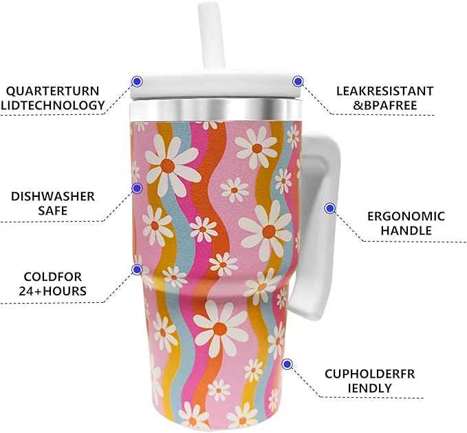 2PCS 20-OZ Insulated Water Bottle,Insulated Stainless Steel Tumbler,Reusable Cold Drink Thermos,BPA-Free, Double-Wall Stainless Steel Water Bottle (Pink-Rainbow Flowers, 20, Fluid Ounces)