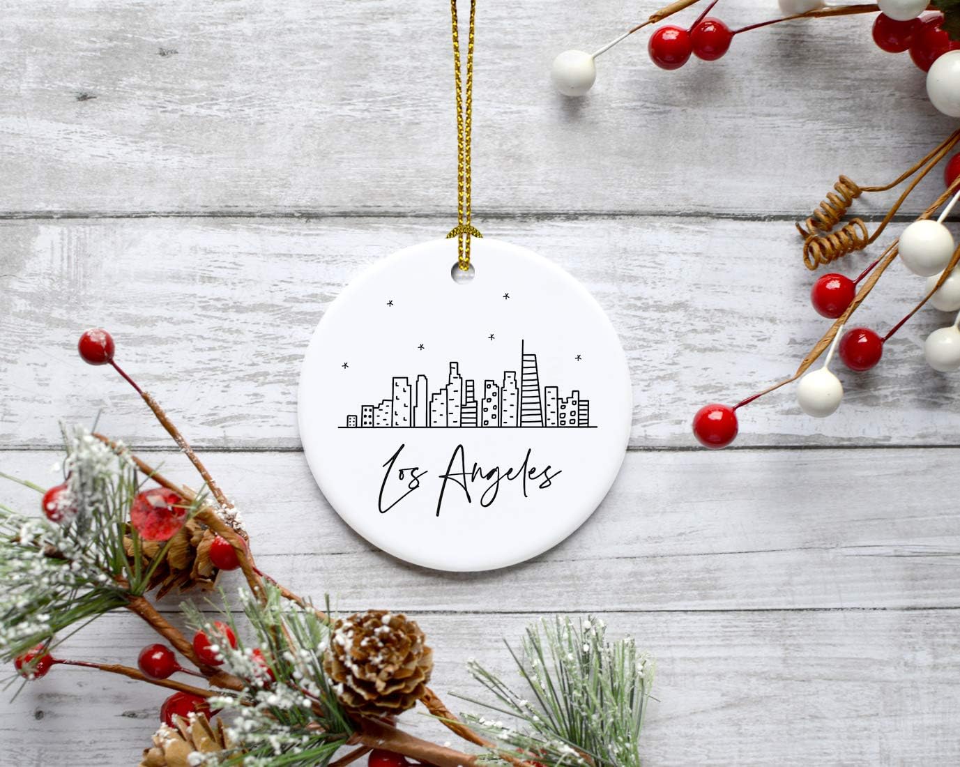Andaz Press Round Ceramic Porcelain Christmas Tree Ornament Keepsake Gift, Los Angeles, Black and White Stars City Skyline Graphic, 1-Pack, Birthday Ideas Family Coworker Him Her, Includes Gift Box