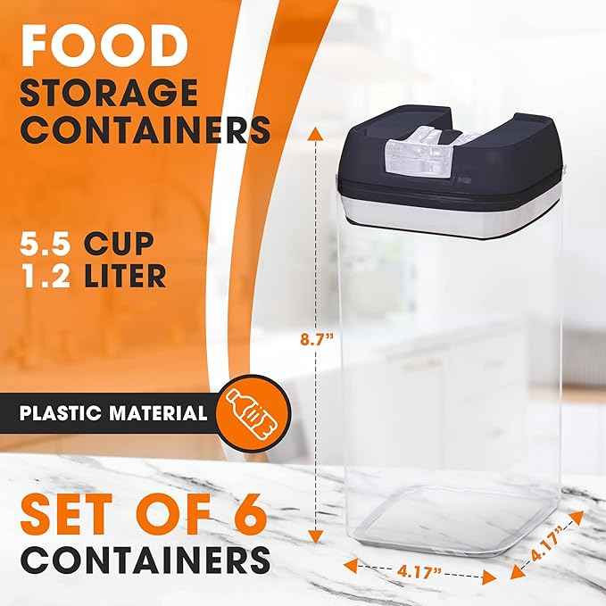 Cheer Collection Airtight Food Storage Containers, Kitchen Storage Containers for Pantry, Set of 6 Food Containers with Lids Airtight, Pantry Storage Containers & Organizers with Lids, 12L, Black