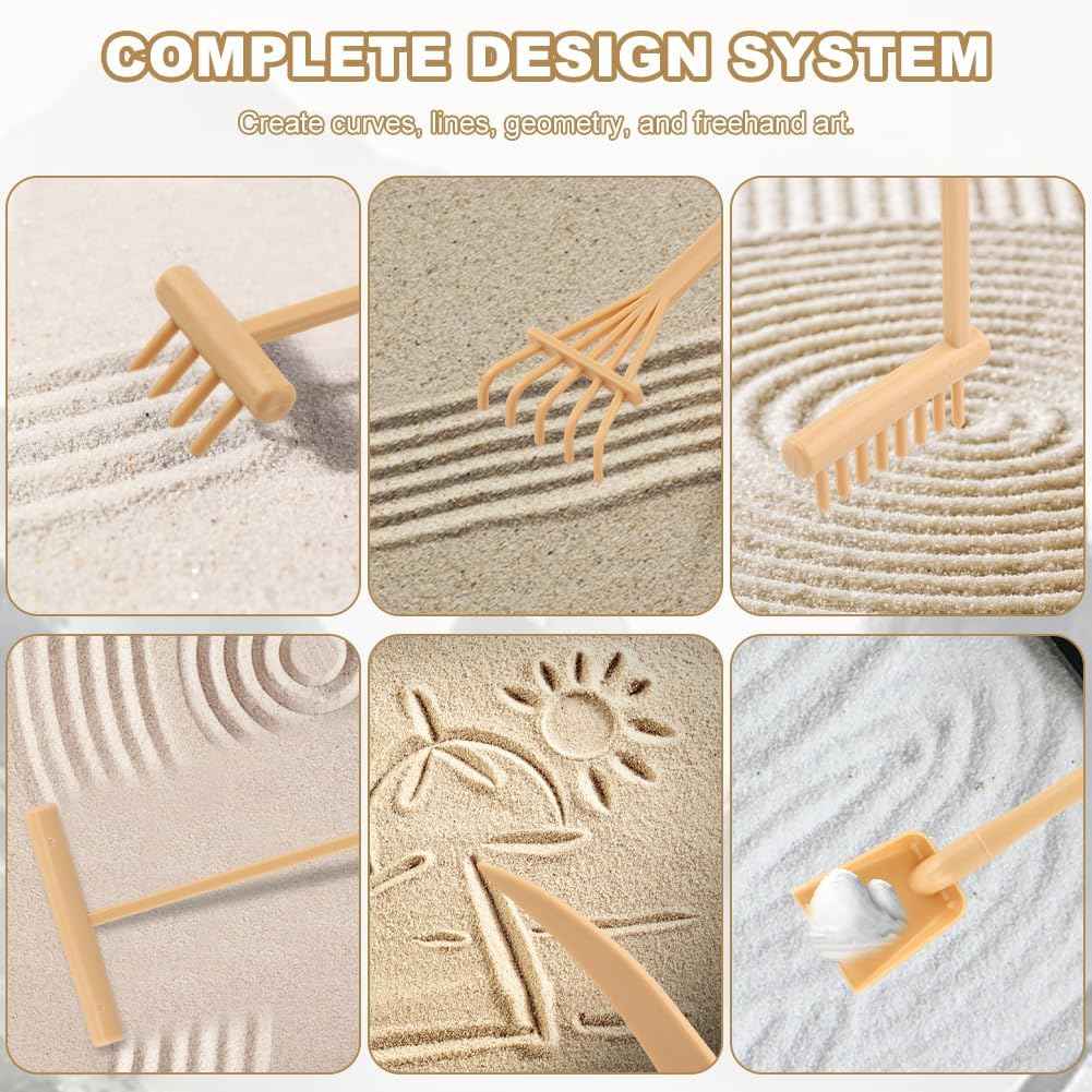 6 Pcs Mini Zen Garden Rake Tools, Miniature Tabletop Rock Zen Sand Rake Set with Pushing Drawing Pen 3 Small Rakes, Mini Sand Stamp Rakes, Meditation Rock Garden Accessories(Beige)