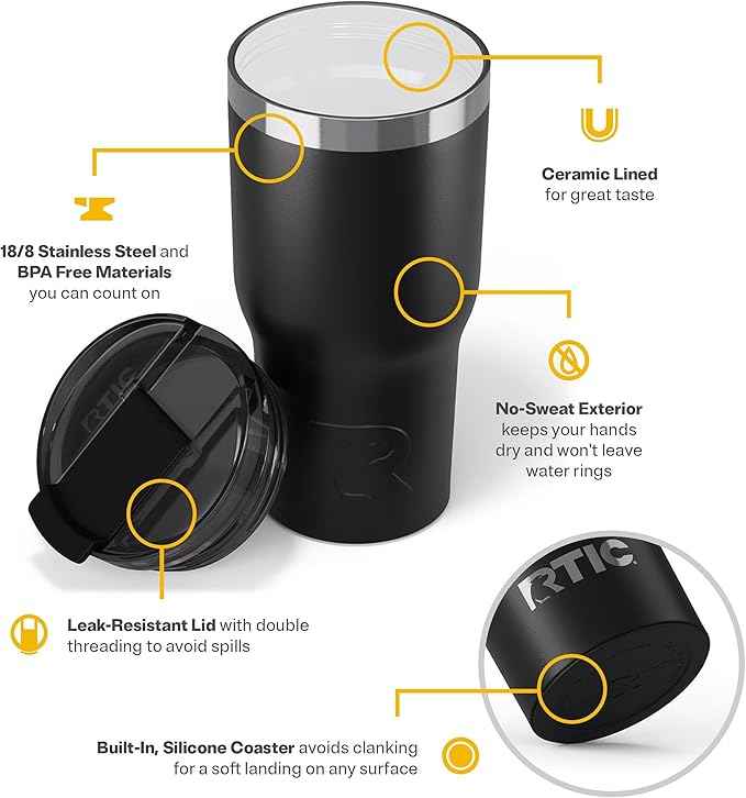 RTIC 20oz Essential Tumbler with Lid, Ceramic Lined, Insulated, Stainless Steel, Metal, Double Wall Vacuum-Insulation, Travel Cup for Iced Coffee, Tea, Hot and Cold Drink, Black