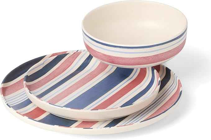 Oneida Dinnerware Sets, 24 Seven Melamine Stripe 12-Piece Dinnerware Set, Set for 4, Service For 4, Melamine Material, Dishwasher Safe, Plates And Bowls, Dinner Dishes, Kitchen (Assorted, 12 Piece)