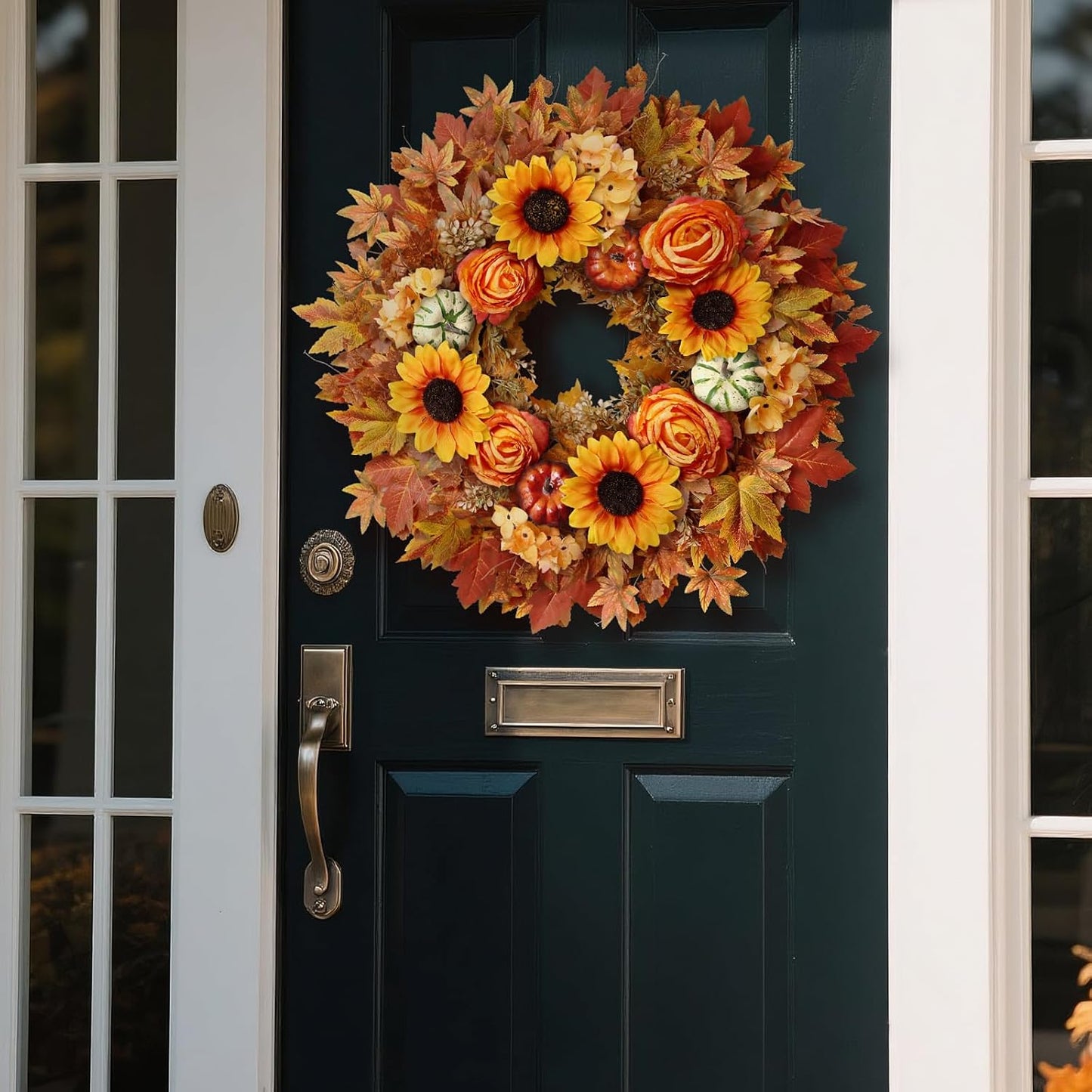 28'' Large Fall Wreath for Front Door, Porch, Window- Artificial Maple Leaves Fake Pumpkins Faux Rose Sunflower Outdoor Autumn Wreath for Home, Farmhouse Wall Thanksgiving Day Harvest Festival Decor