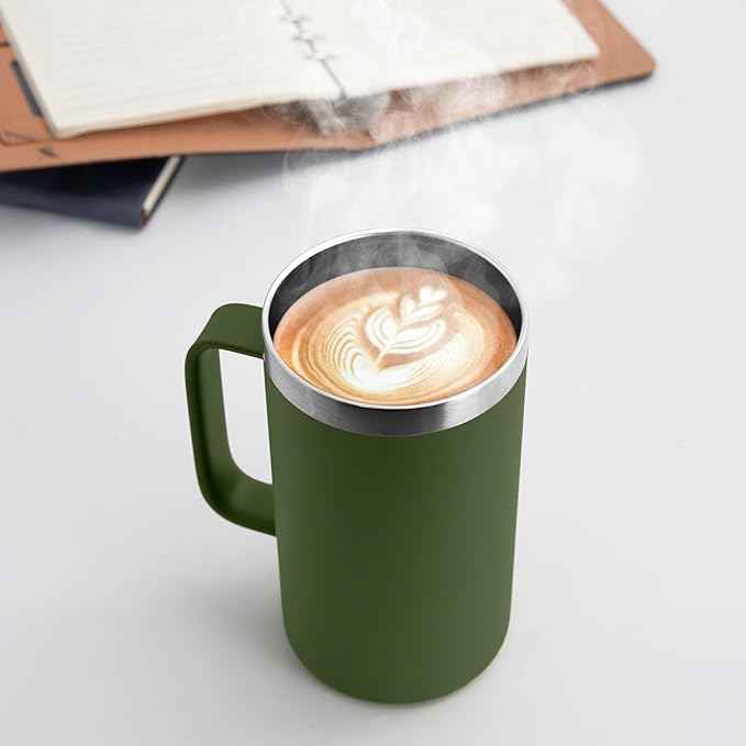 DOMICARE 24oz Mug with Handle and Lid, Stainless Steel Coffee Mug, Travel Mug with Handle, Double Wall Vacuum Coffee Tumbler, Reusable Insulated Cup, Army Green, Pack 4