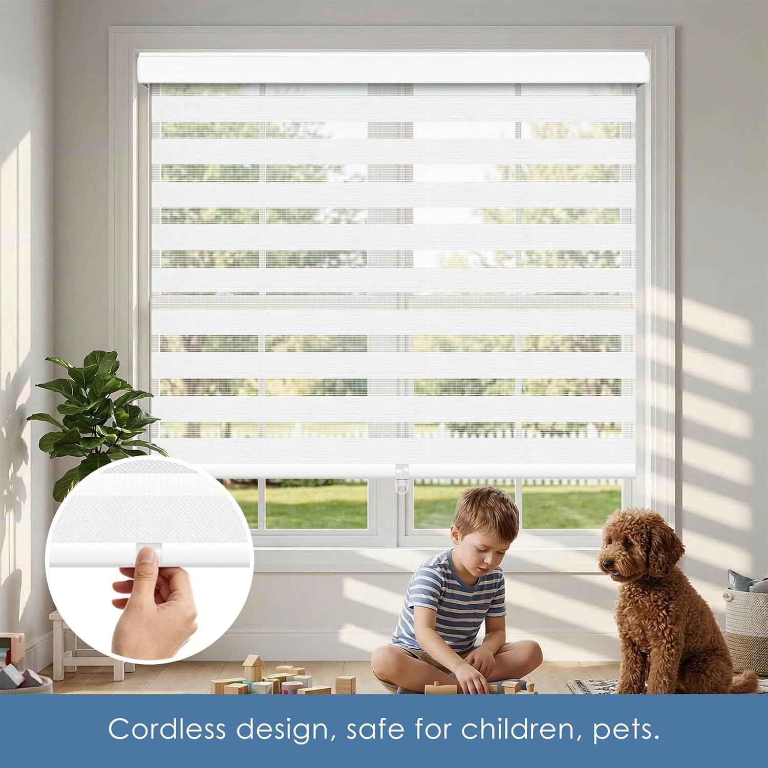 Artpuch Cordless Zebra Blinds for Windows (34" W X 48" H, White), Free-Stop Dual Layer Light Filtering Blinds for Indoor Windows with Valance, Sheer Privacy Window Shades for Home