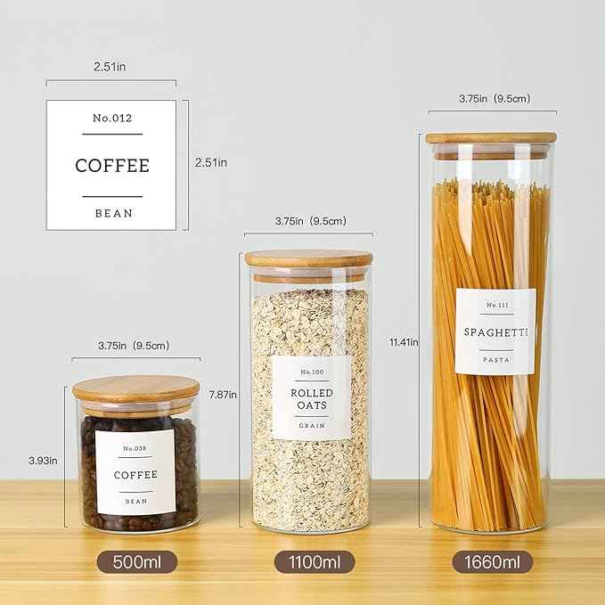 CZSZYGHBAO 5 Pack Glass Jars with Bamboo Airtight Lids - Stackable Food Storage Containers with 132 Pantry Labels - with Wood Lid for Candy, Cookie, Rice, Sugar, Flour, Pasta, Nuts
