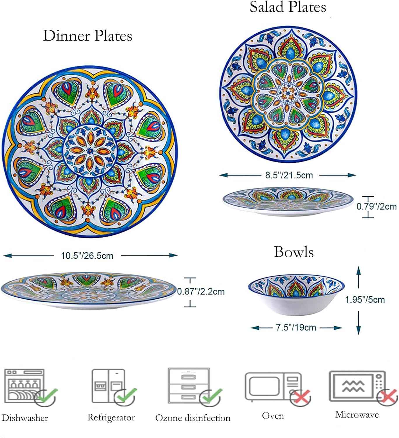 Melamine Dinnerware Set, 12 Pcs Dinner Plates Bowls Sets for Indoor and Outdoor Use, Durable Unbreakable Dishes Sets, Dishwasher Safe, BPA Free, Service for 4