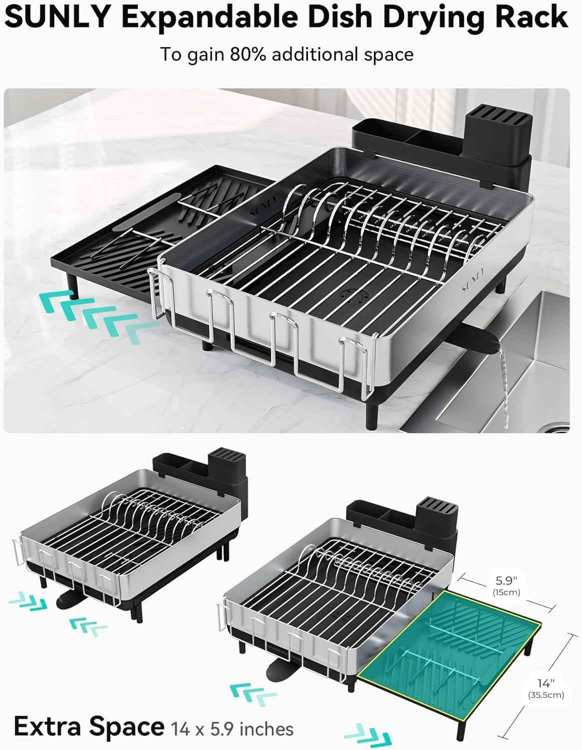 SUNLY Large Dish Drying Rack, Expandable Dish Racks for Kitchen Counter, Space Saving 304 Stainless Steel Drying Rack Kitchen, Extra Large Drainer with Multifunctional Flip Up Pegs, Black