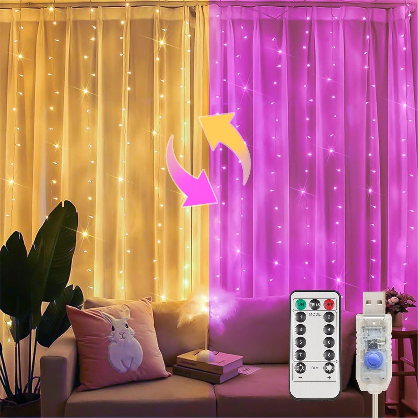 suddus Color Changing Curtain Lights, 200 Led 6.5ft x 6.5ft Hanging String Lights Outdoor, Fairy Curtain Lights for Bedroom, Window, Wall, Wedding, Party, Birthday Decor Warm White & Fuchsia