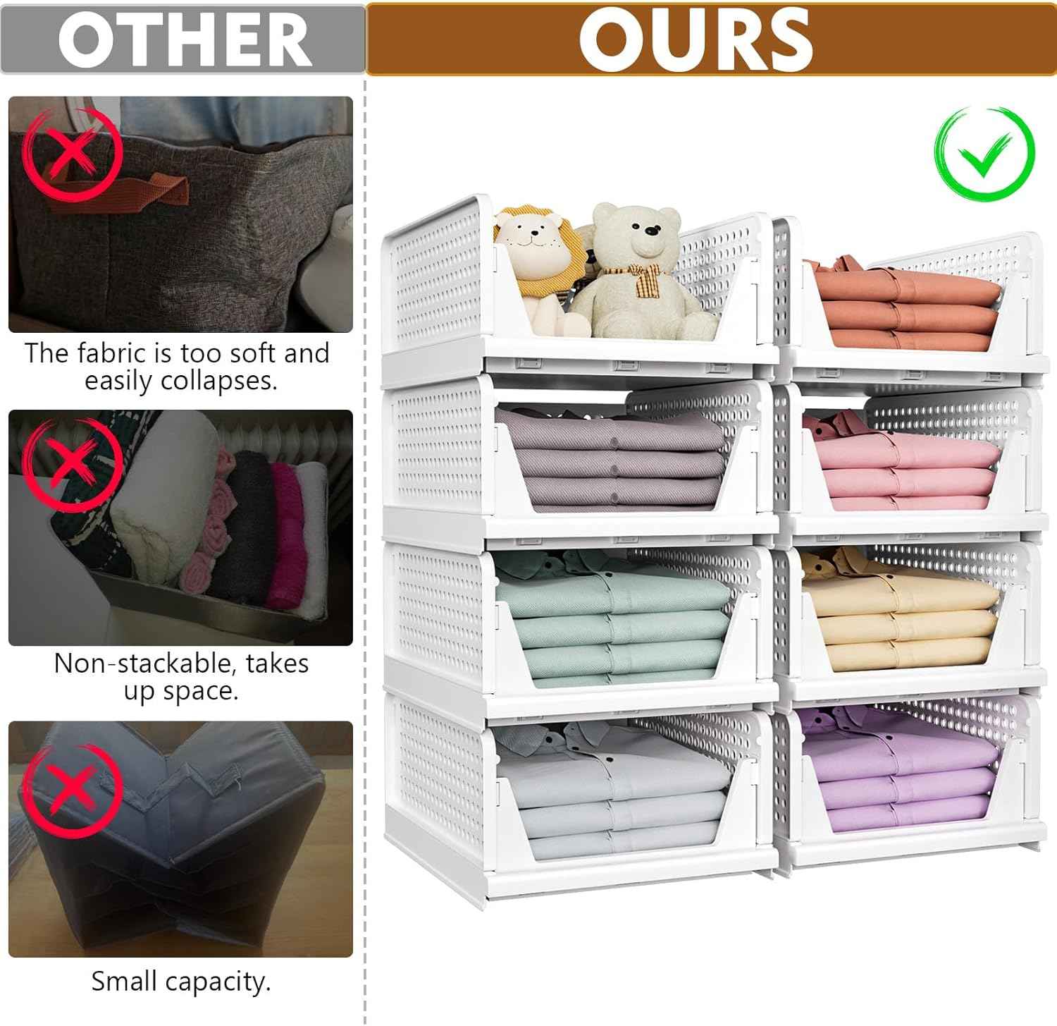 SNSLXH 5 Pack Stackable Closet Organizer Box, Multifunctional & Foldable Closet Storage Basket for Bathroom Kitchen Laundry Room Wardrobe Storage, Space-Saving Clothes Storage Drawer Organizer, Pink