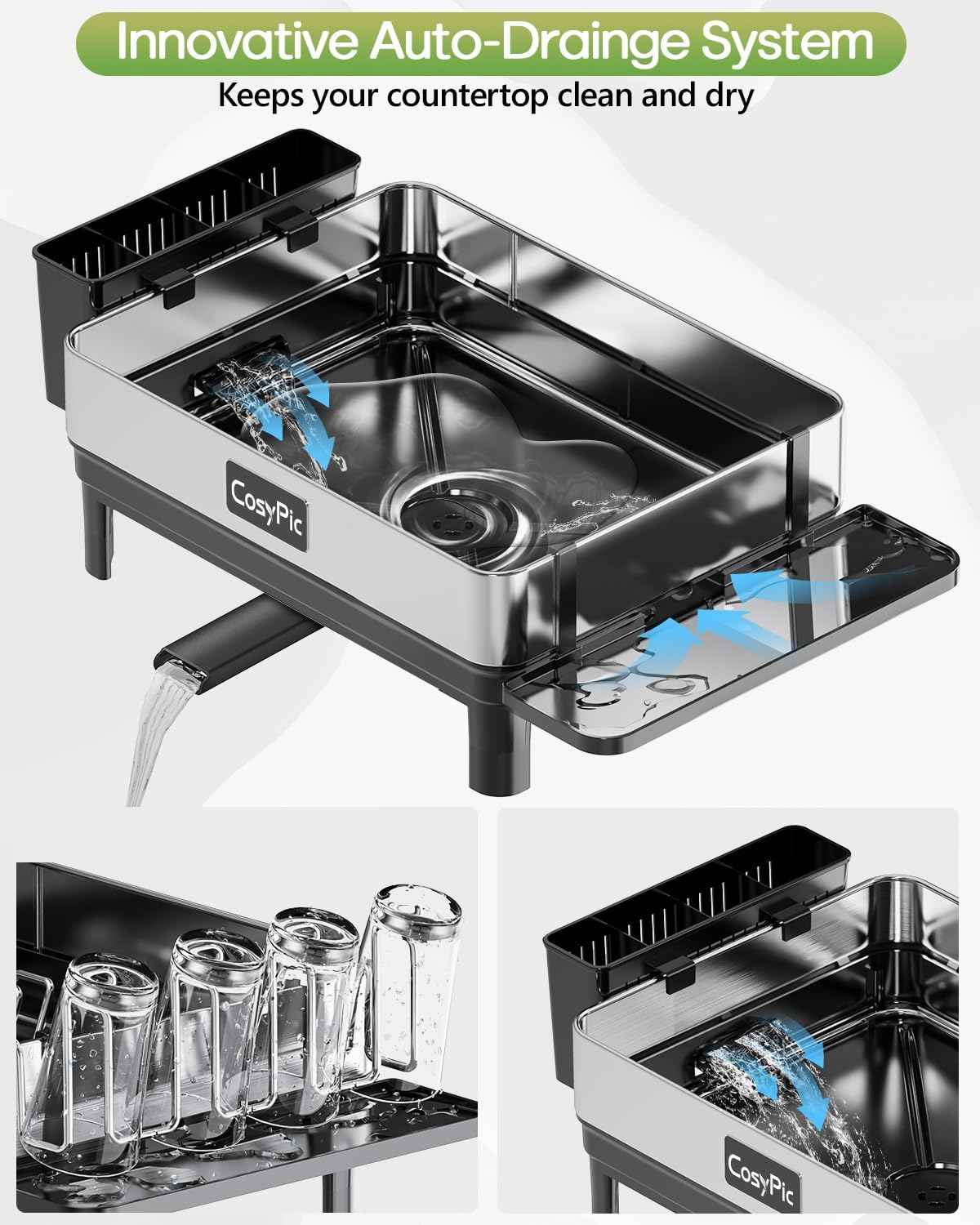 Dish Racks, Thicker Premium 304 Stainless Steel Dish Drying Rack for Kitchen Counter, Automatic Drainage Spout, Dish Drainer & Drainboard Set with Utensil Holder and Cup Holder, Black