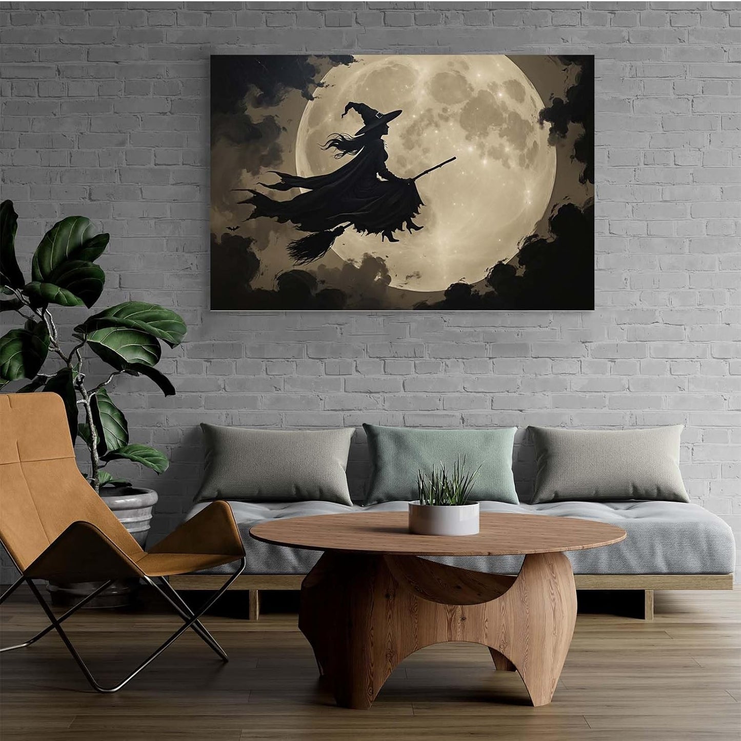 JFHCQJPK Full moon witch silhouette poster witch on magic broom Halloween mural poster decorative mural art suitable for home living room bedroom28x40in Frameless