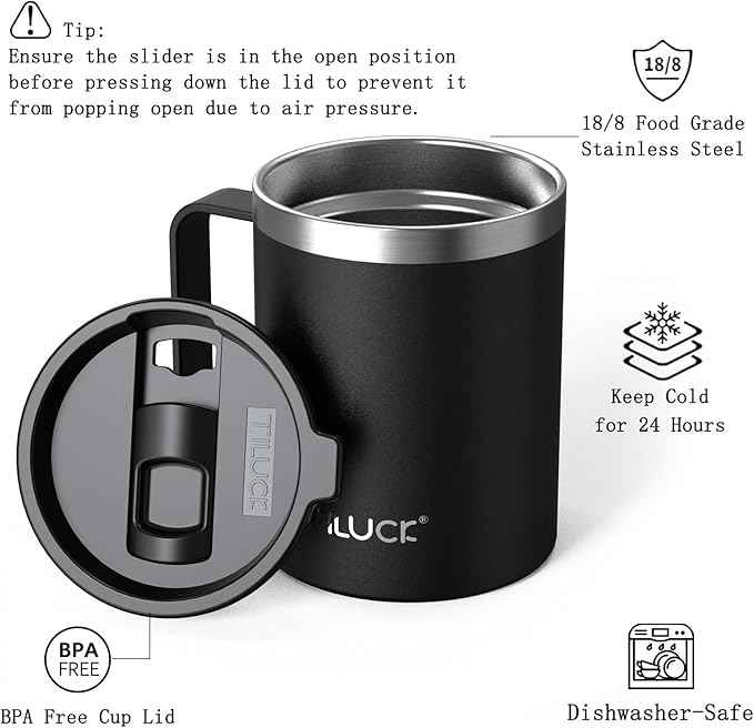 TILUCK 12 oz Insulated Coffee Mug with Lid, Double Wall Vacuum Insulated Travel Mug Cup with Handle for Hot or Cold Drinks（12oz，Matte Black）