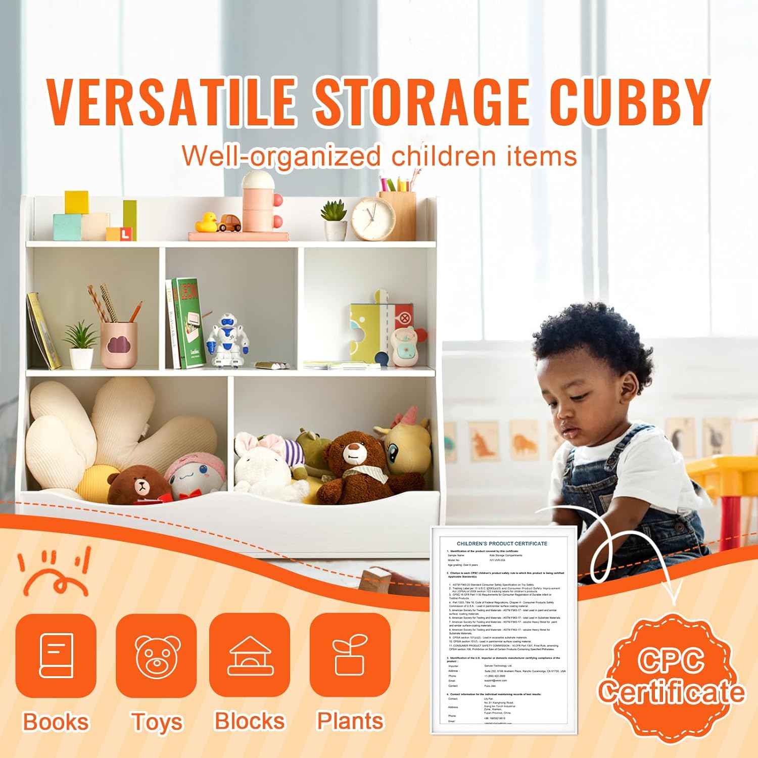 VEVOR Wood Kid Storage Cubby, Toy Storage Organizer with Bookshelf, 5-Cubby Wood Toy Storage Cabinet, Children Book Toy Shelf for Kids Room, Playroom, Kindergarten, Nursery, White