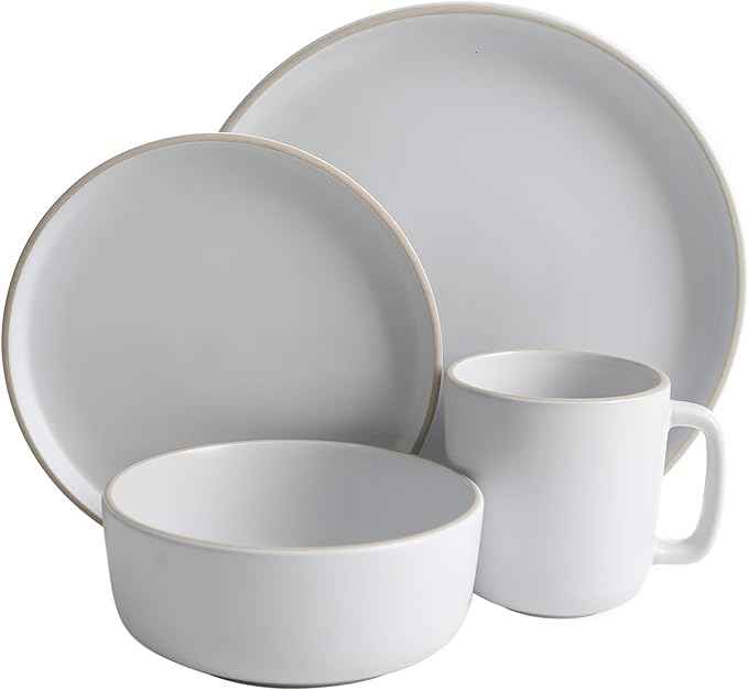 Gibson Home Zuma 16 Piece Round Kitchen Dinnerware Set, Dishes, Plates, Bowls, Mugs, Service for 4, Matte Stoneware, White
