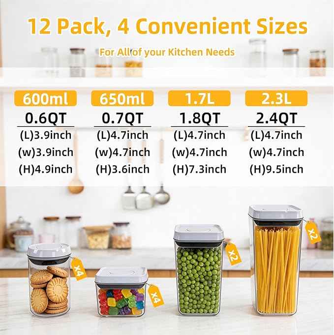 12 Pcs Pop Containers Set, Airtight Food Storage with Lids, Push Button BPA-Free Bulk Set for Large Family & RV, 0.65QT/0.7QT/1.8QT/2.4QT for Cereal, Flour, Sugar, Commercial Kitchen Storage