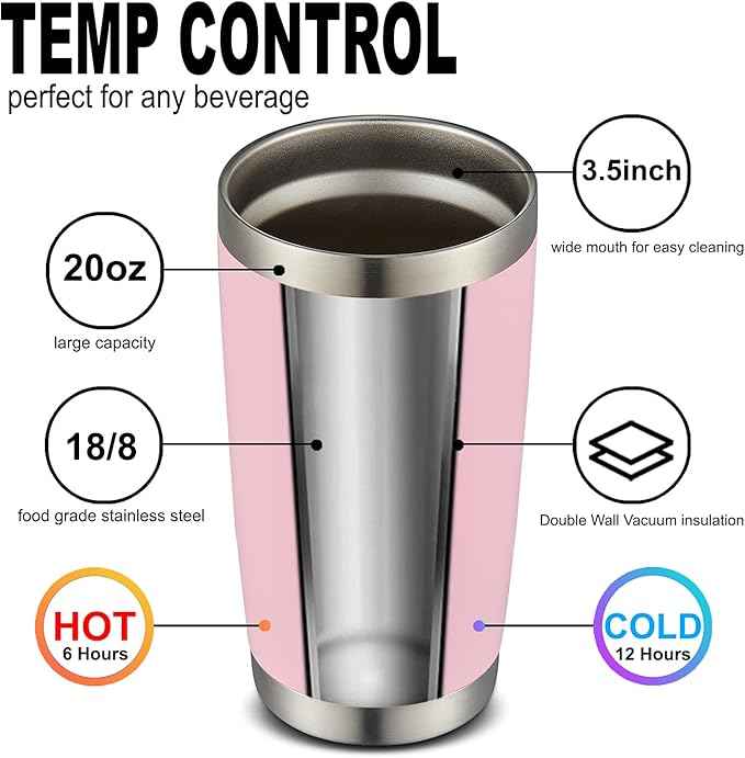 COMOOO 20oz Double Wall Vacuum Insulated Travel Mug, Stainless Steel Tumbler with Lid, Durable Powder Coated Insulated Coffee Cup for Cold & Hot Drinks (Pink, 1 Pack)