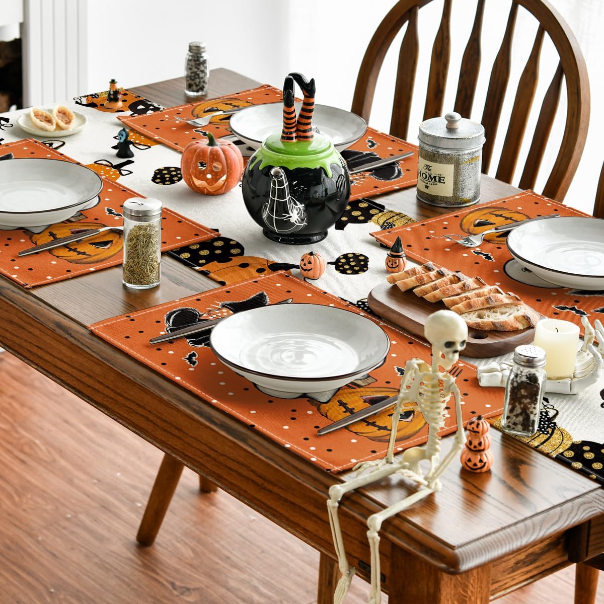 Artoid Mode Orange Polka Dot Ghost Pumpkin Cat Boo Halloween Placemats Set of 4, 12x18 Inch Seasonal Table Mats for Party Kitchen Dining Decoration