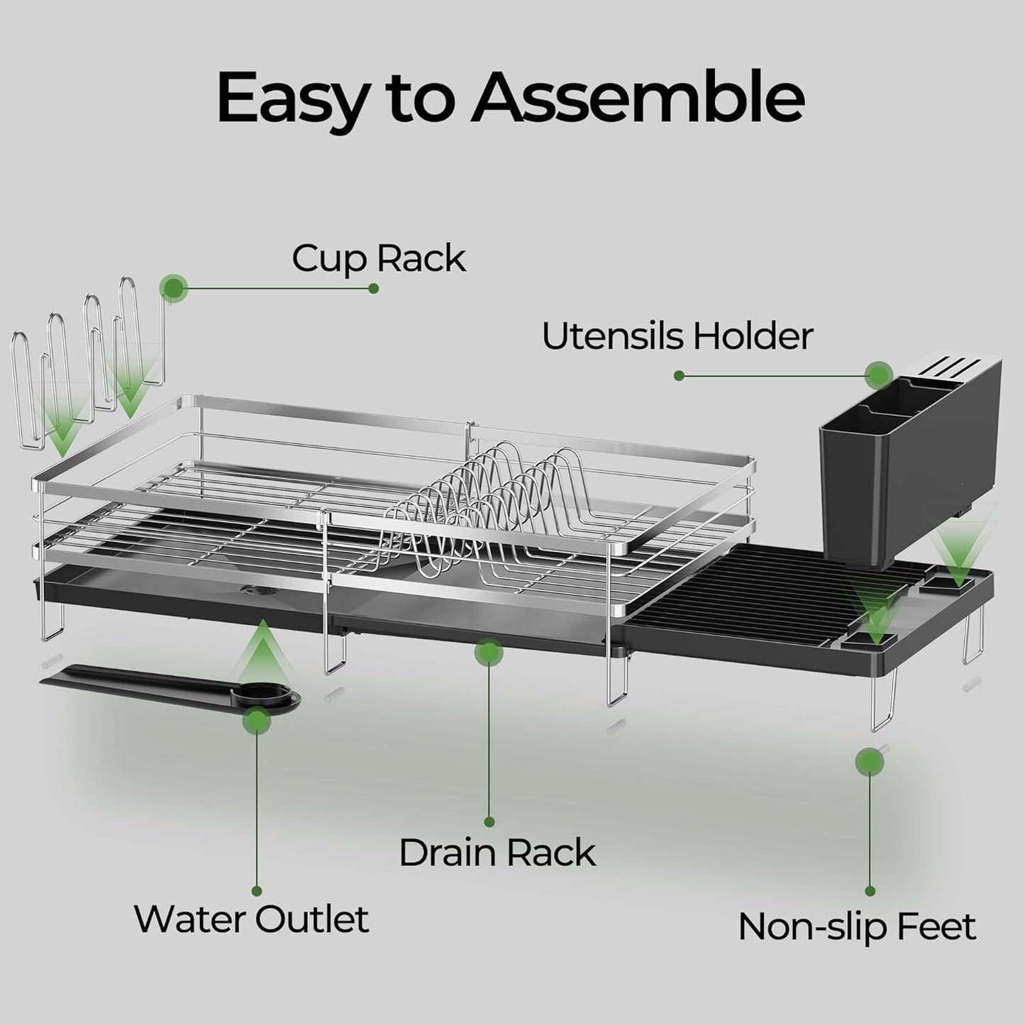 Large Dish Drying Rack, Expandable Dish Rack, Stainless Steel Anti-Rust Dish Racks for Kitchen Counter, Multifunctional Dish Drainer with Utensil Holder & Cup Holder, 13.4"-28.7" L x 11.8" W