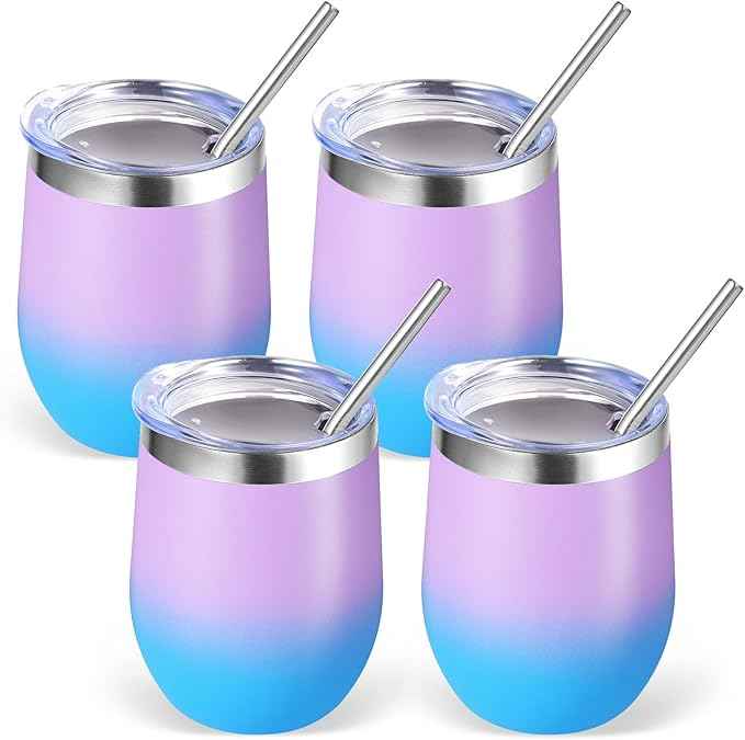 Volhoply 12oz Stainless Steel Wine Tumbler with Lid Bulk 4 Pack,Double Wall Vacuum Stemless Wine Glasses,Reusable Metal Travel Coffe Mug with Straw,Insulated Cup Gifts for Christmas（Lavender,4 Set）