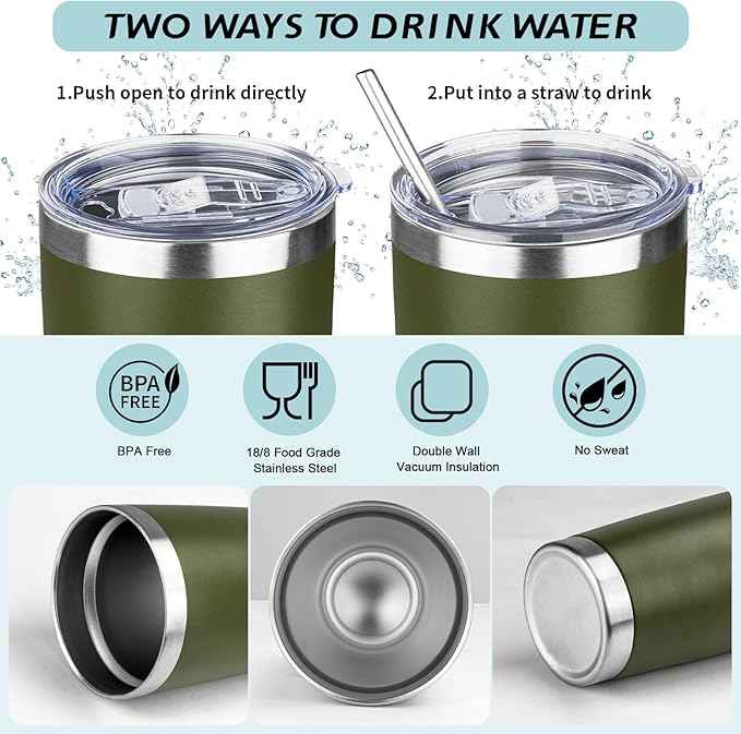 20oz Tumbler with Straw and Brush, Stainless Steel Vacuum Insulated tumbler, Double Wall Insulated Coffee Tumbler for Outdoor, Home, Travel,Office (Army Green,1pcs)