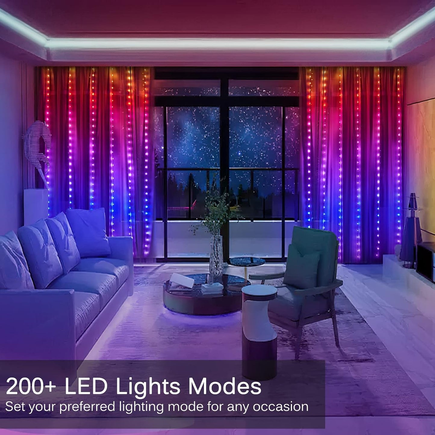 LED Curtain Lights, 6.5ft x 6.5ft 200 LED RGB Color Changing String Fairy Lights Curtain with Smart APP Control, Music & Voice Sync for Bedroom Backdrop Indoor Outdoor Christmas Decorations