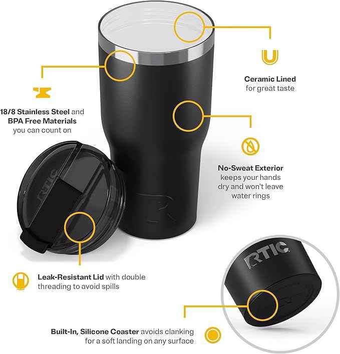 RTIC 30oz Essential Tumbler with Lid, Ceramic Lined, Insulated, Stainless Steel, Metal, Double Wall Vacuum-Insulation, Travel Cup for Iced Coffee, Tea, Hot and Cold Drink, Black