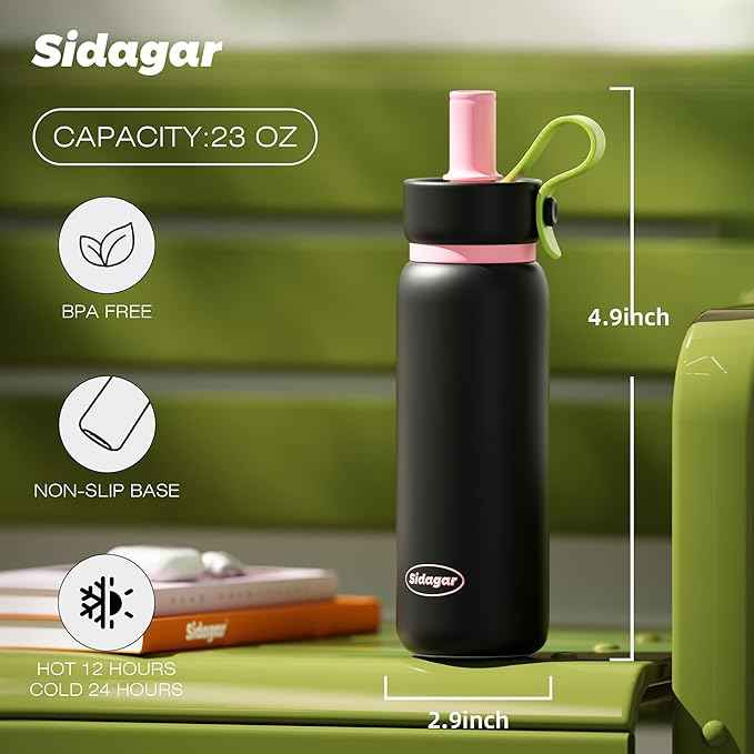 24 oz Tumbler, Insulated Coffee Mug with Lid and Straw, Leak Proof Portable Travel Cup, for Hot and Cold Drinks Drinks Flask for Women Black