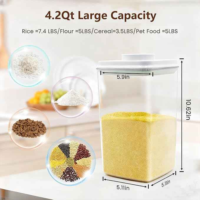 Pop Airtight Food Storage Containers with Lids Stackable Containers for Kitchen Pantry Organization Ideal for Cereal Snacks Flour Sugar Coffee and Spaghetti (gray, 4.2qt)