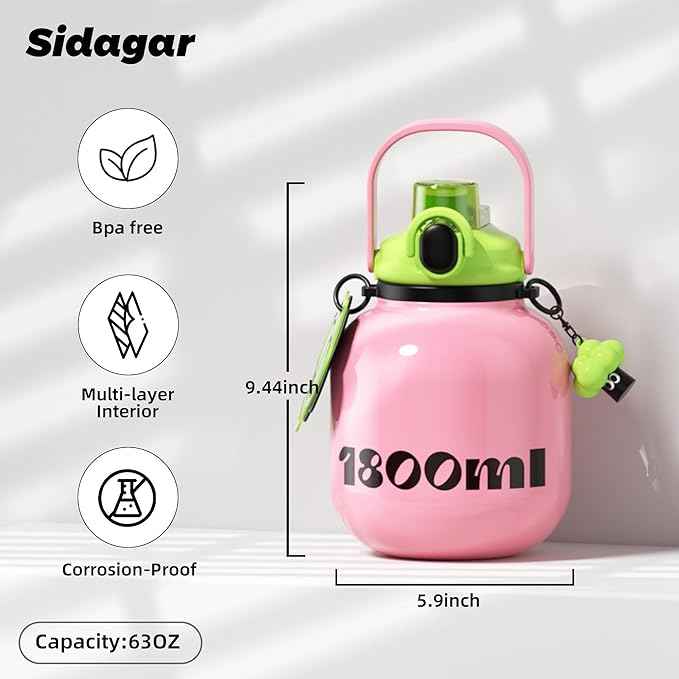 60 oz Big Gallon Water Bottle with Straw and Carry Handle, Pink Wide Mouth Vacuum Water Jug, Insulated Stainless Steel Bottles Easy Carry Tumbler for Women