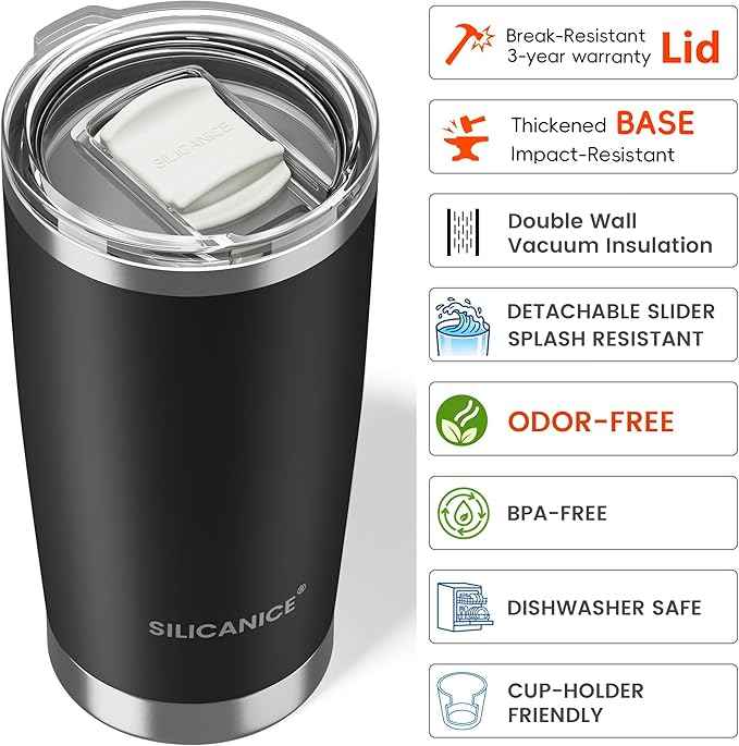 Coffee Tumbler 20 oz, Double Wall Stainless Steel Travel Coffee Mug with Removable Slider Lid, BPA Free, Car Cup Holder Compatible - Gym/Office/Travel/Home - Black