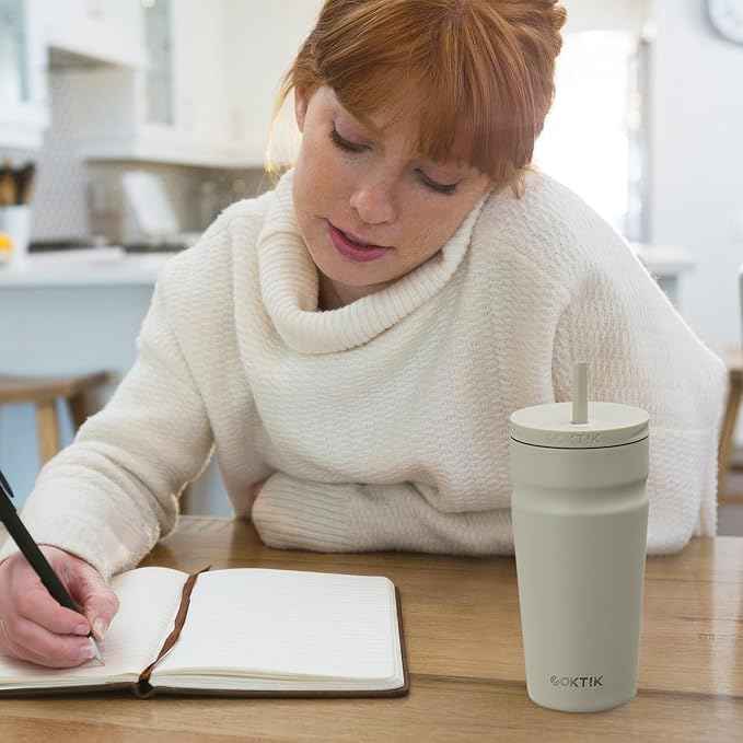 COKTIK 20oz Insulated Tumbler with Lid and Straw Iced Coffee Cup Reusable Stainless Steel Travel Mug Water Bottle Cupholder Friendly for Women Men Her Him (Almond Birch)
