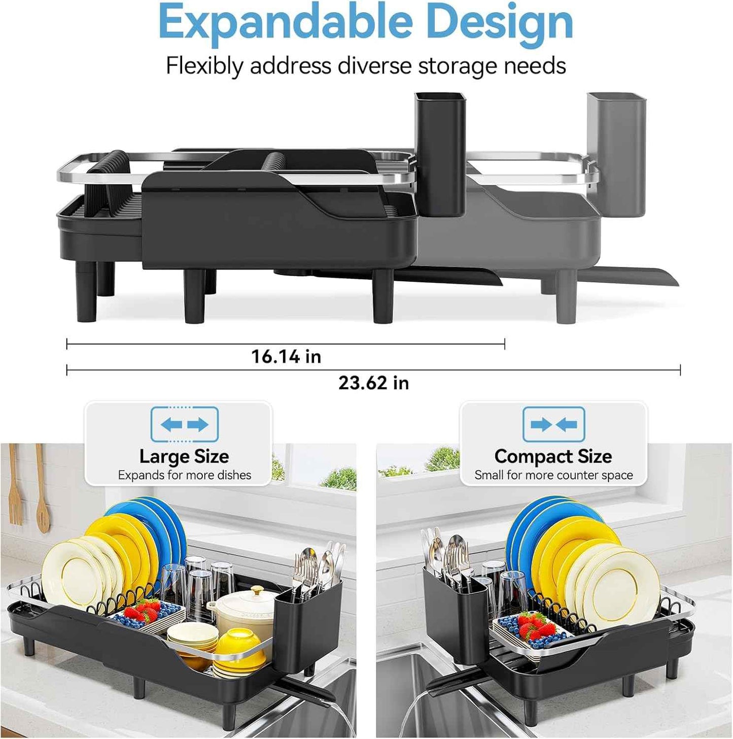 Urackify Expandable Dish Rack for Kitchen Counter,16.14"-23.62" Large Stainless Steel Dish Drying Rack with Adjustable Water Spout, Space Saving Dish Drainer with Auto Draining Cutlery Holder,Black