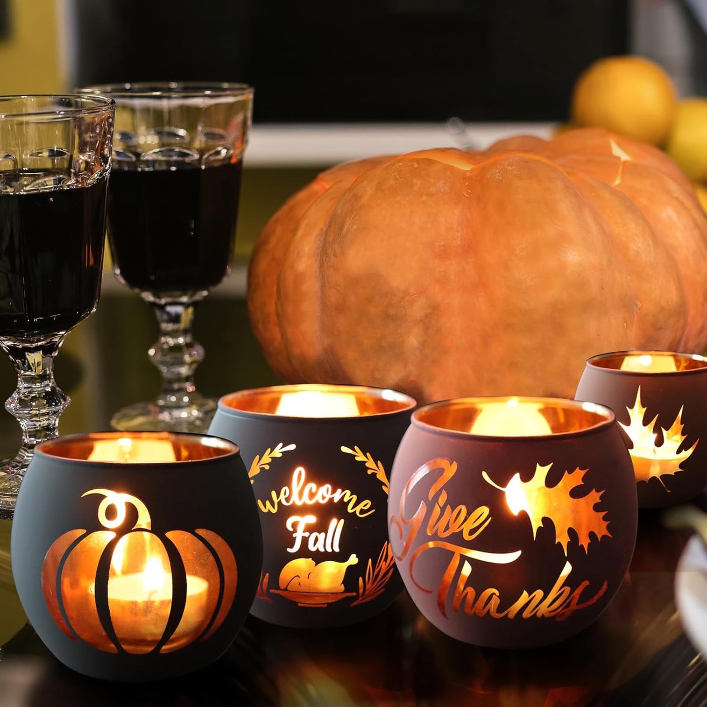 SHMILMH Thanksgiving Votive Candle Holder Set of 12, Glass Tealight Votives Holder with 6 Laser Engraving Patterns, Fall Table Centerpiece Indoor Outdoor Decor