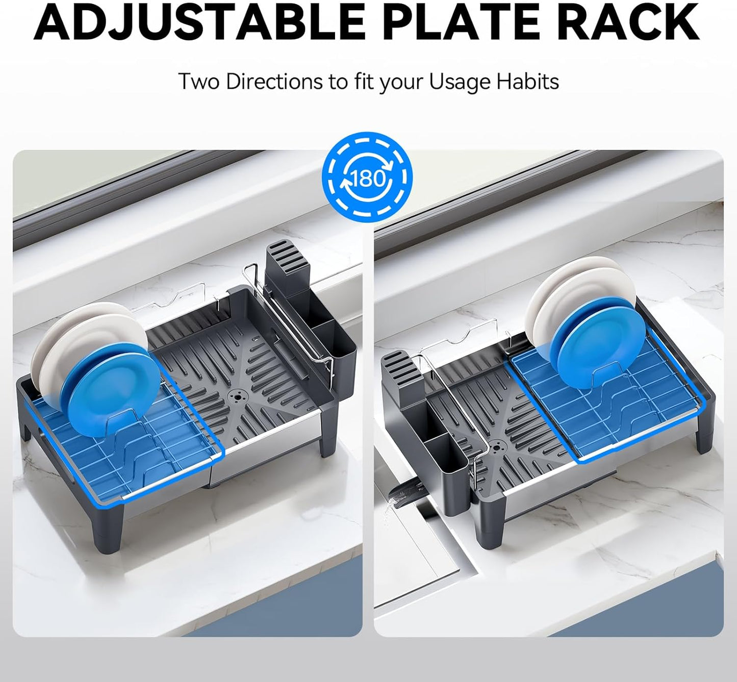 Urackify Expandable Dish Drying Rack, Stainless Steel Dish Rack with Aluminum Frame, Dish Drainer for Kitchen Counter, Space Saving Kitchen Drying Rack with Movable Utensil Holder, Gray